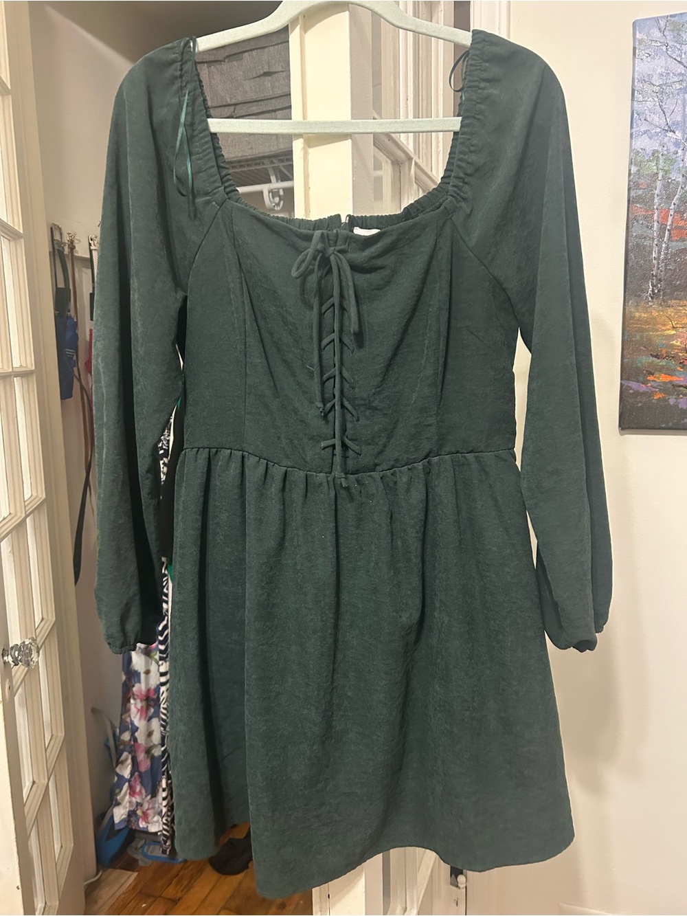 Forest Green Lace-Up Long Sleeve Square Neck Dress